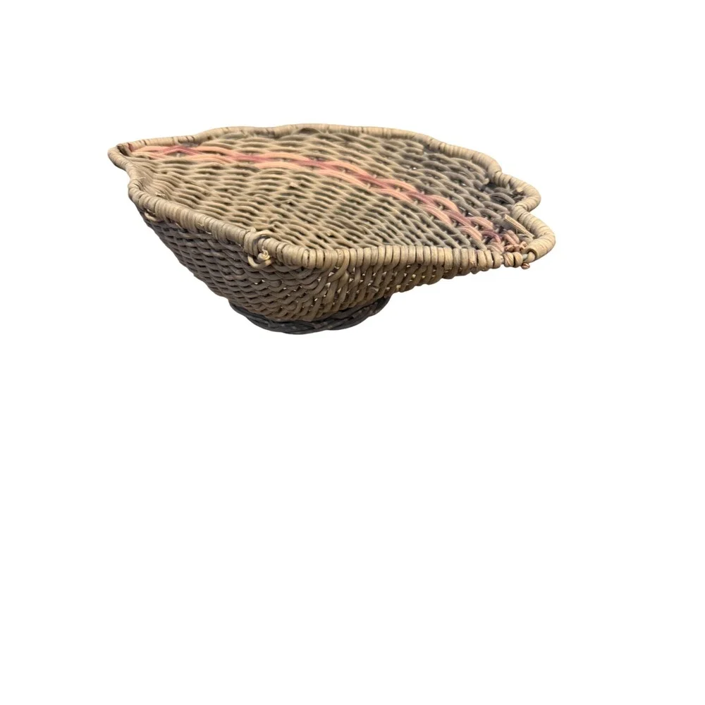 Vintage Woven Wicker Scalloped Shell Basket Coastal Nautical Decor Pink Accent